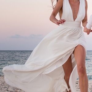 White maxi dress deep v with slit